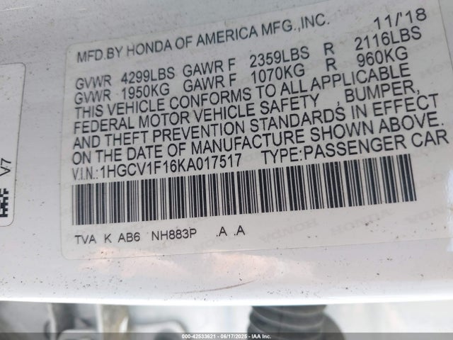 1HGCV1F16KA017517 Honda l15be