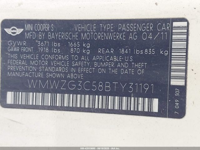 2011 MINI COOPER S CLUBMAN WMWZG3C58BTY31191 Photo 8