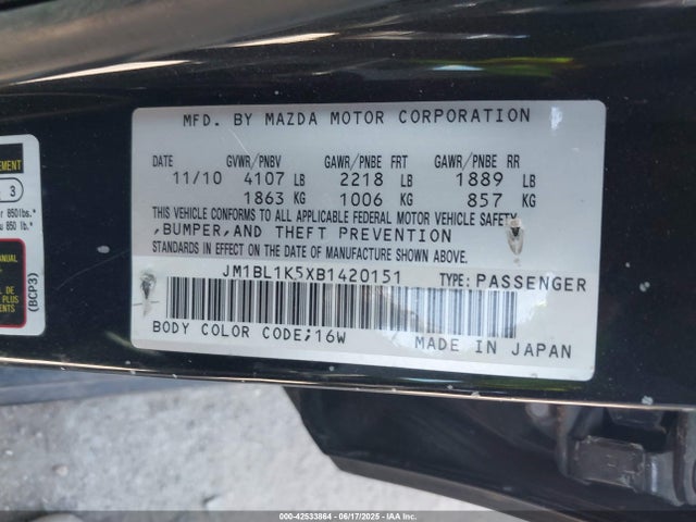 42533864 :رقم المزاد ، JM1BL1K5XB1420151 vin ، 2011 Mazda Mazda3 S Sport مزاد بيع