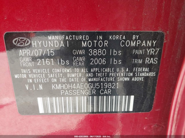 KMHDH4AE0GU519821 Hyundai dohc mpi nu