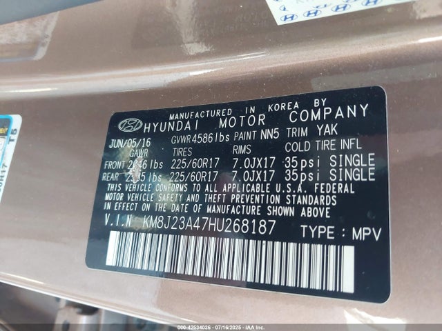 KM8J23A47HU268187 Hyundai TUCSON SE