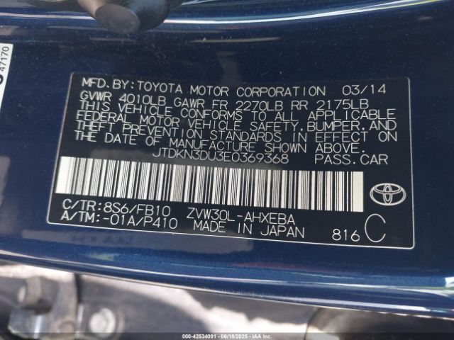 JTDKN3DU3E0369368 Toyota Prius Two
