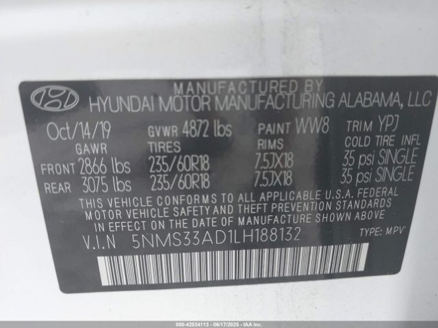 2020 HYUNDAI SANTA FE 5NMS33AD1LH188132 Photo 8