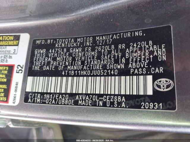 2018 TOYOTA CAMRY 4T1B11HK0JU052140 Photo 8