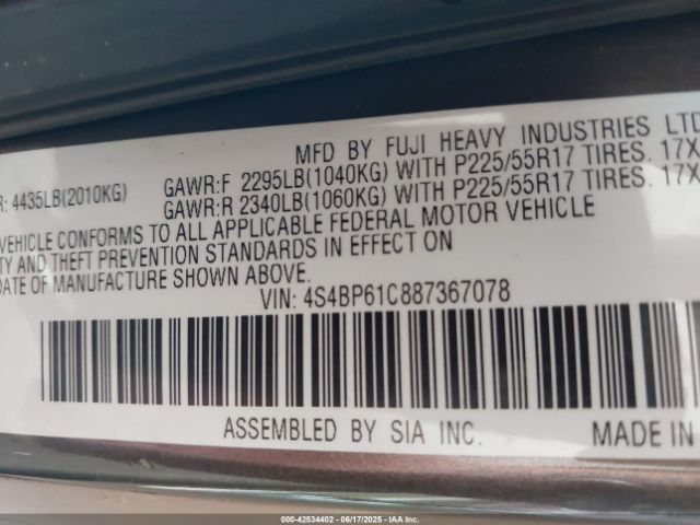 2008 SUBARU OUTBACK 4S4BP61C887367078 Photo 8