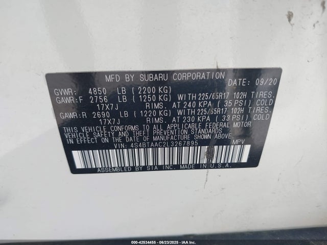 Subaru u5 2020 4S4BTAAC2L3267895 Image 9