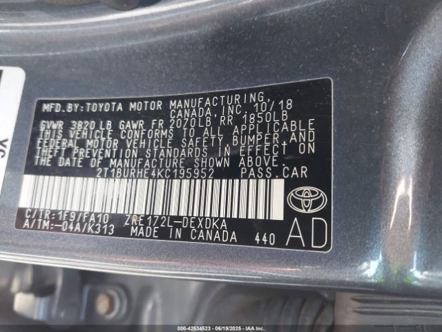 2T1BURHE4KC195952 Toyota 2zr-fe