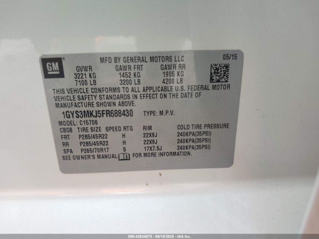 2015 CADILLAC ESCALADE 1GYS3MKJ5FR688430 Photo 8