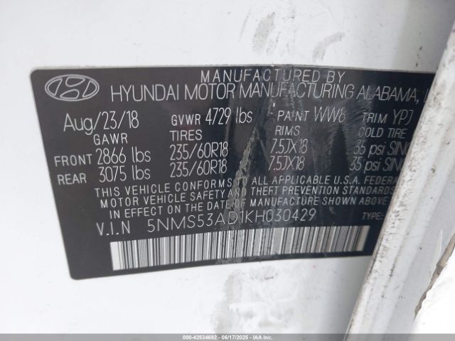 2019 HYUNDAI SANTA FE 5NMS53AD1KH030429 Photo 8