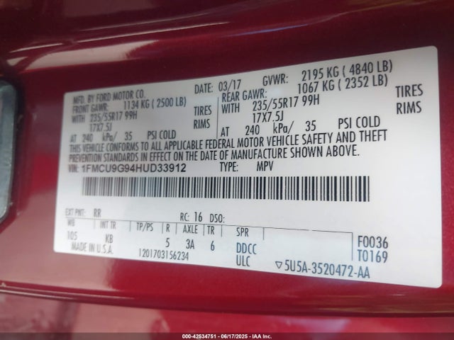 1FMCU9G94HUD33912 Ford 2017