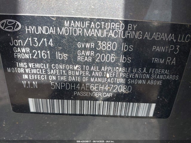 5NPDH4AE6EH472080 Hyundai dohc mpi nu