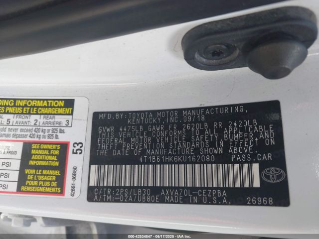 4T1B61HK6KU162080 Toyota CAMRY XSE