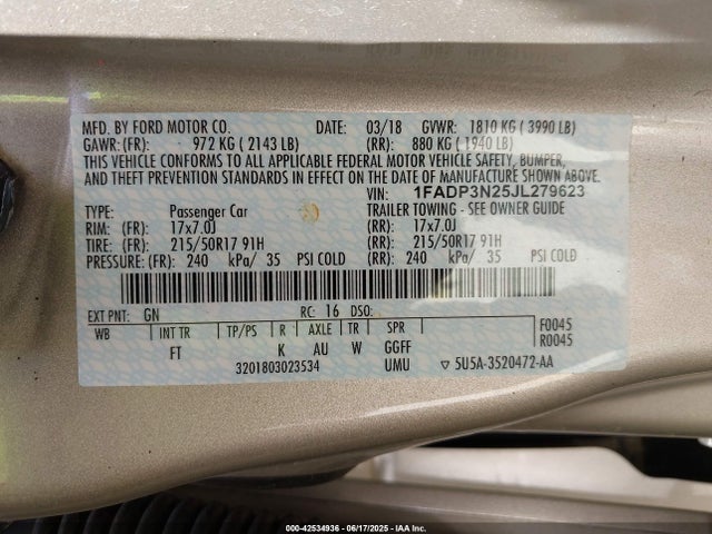 1FADP3N25JL279623 Ford 2.0l gdi