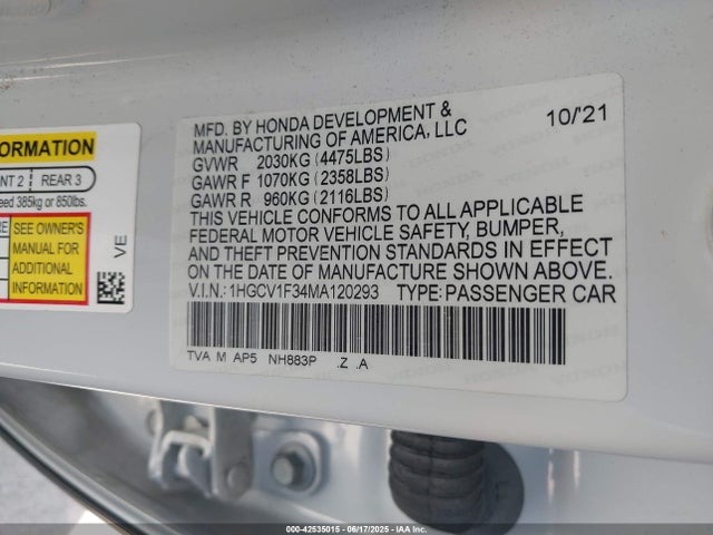 1HGCV1F34MA120293 Honda l15be