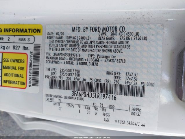 2020 FORD FUSION 3FA6P0HD5LR197416 Photo 8