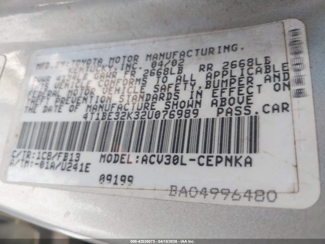 42535073 :رقم المزاد ، 4T1BE32K32U076989 vin ، 2002 Toyota Camry Le/xle/se مزاد بيع
