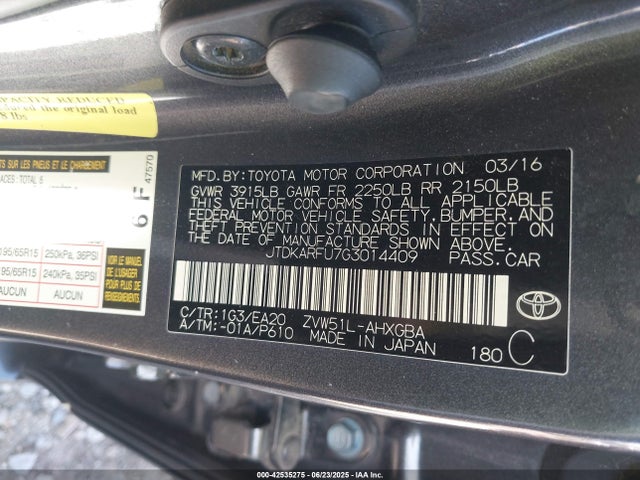 JTDKARFU7G3014409 Toyota 2zr-fxe,1nm