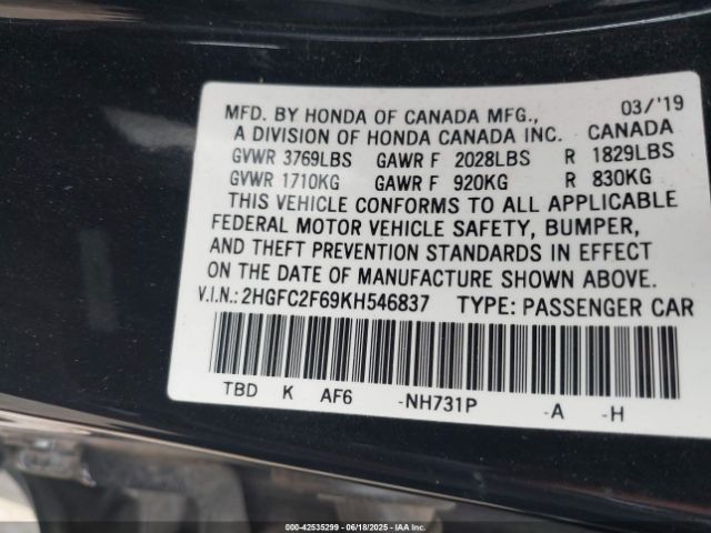 2019 HONDA CIVIC 2HGFC2F69KH546837 Photo 8