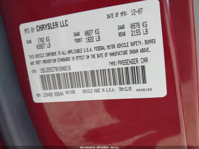 Продажа на аукционе авто 2008 Dodge Viper Srt10, vin: 1B3JZ65Z78V200216, номер лота: 42535316