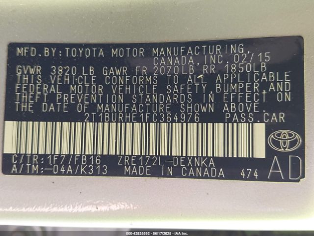 2T1BURHE1FC364976 Toyota 2zr-fe