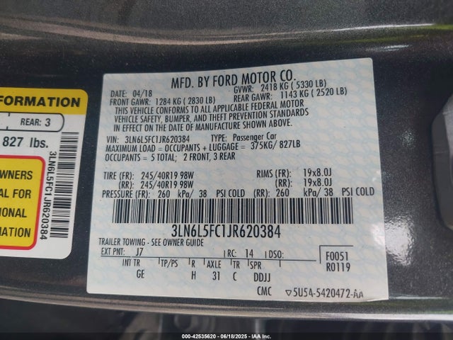 3LN6L5FC1JR620384 Lincoln 3.0l W/prem