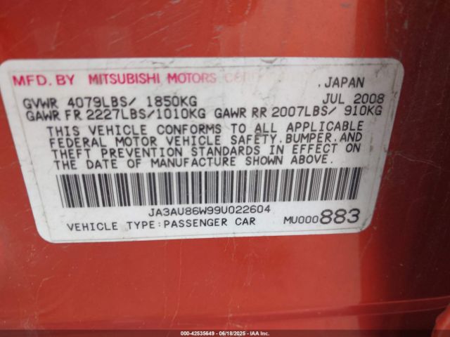 2009 MITSUBISHI LANCER JA3AU86W99U022604 Photo 8