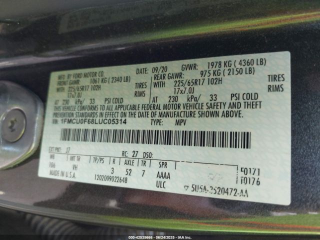 2020 FORD ESCAPE 1FMCU0F68LUC05314 Photo 8