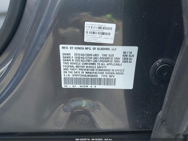 Honda j35y6 2018 5FNYF5H50JB030455 Image 9