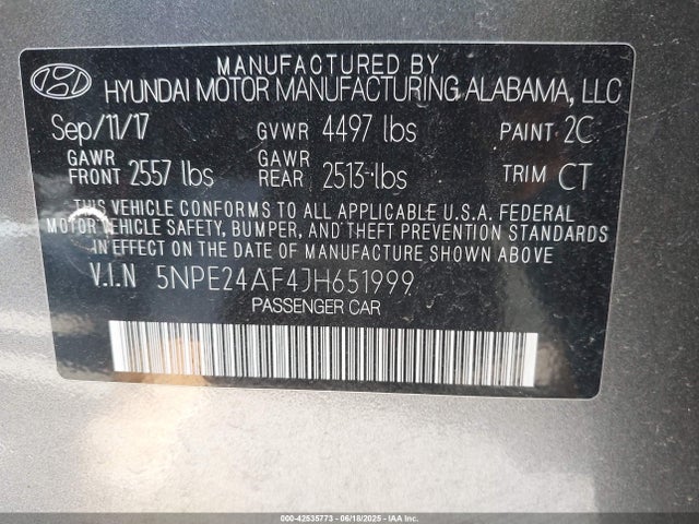 5NPE24AF4JH651999 Hyundai gdi theta-ii