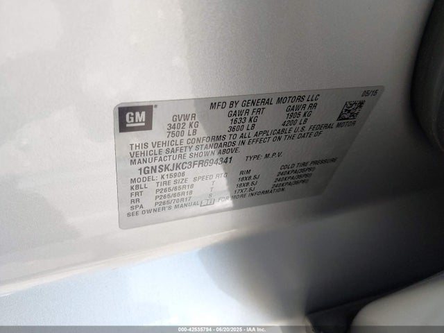 1GNSKJKC3FR694341 Chevrolet l83 - vvt, active fuel management, aluminum