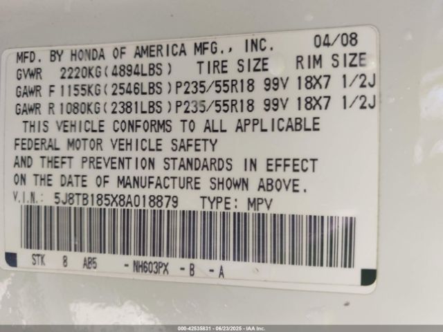 2008 ACURA RDX 5J8TB185X8A018879 Photo 8