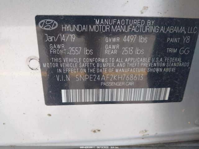 2019 HYUNDAI SONATA 5NPE24AF2KH768613 Photo 8