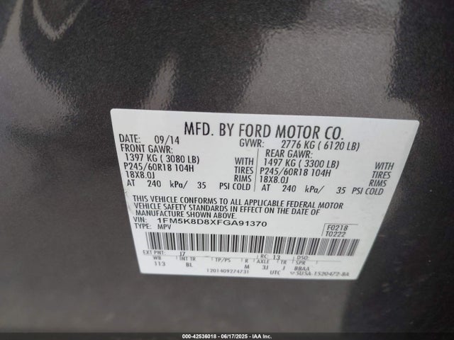 1FM5K8D8XFGA91370 Ford 2015