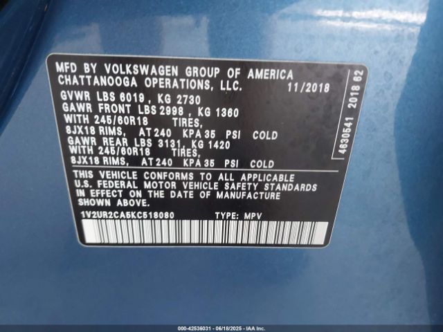 2019 VOLKSWAGEN ATLAS 1V2UR2CA5KC518080 Photo 8