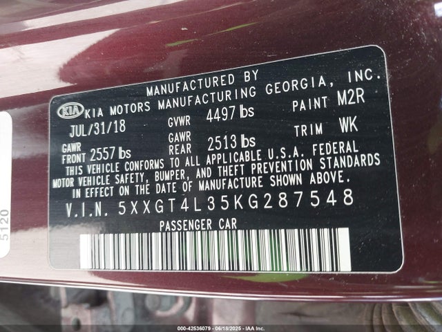 Продаж на аукціоні авто 2019 Kia Optima Lx, vin: 5XXGT4L35KG287548, номер лоту: 42536079