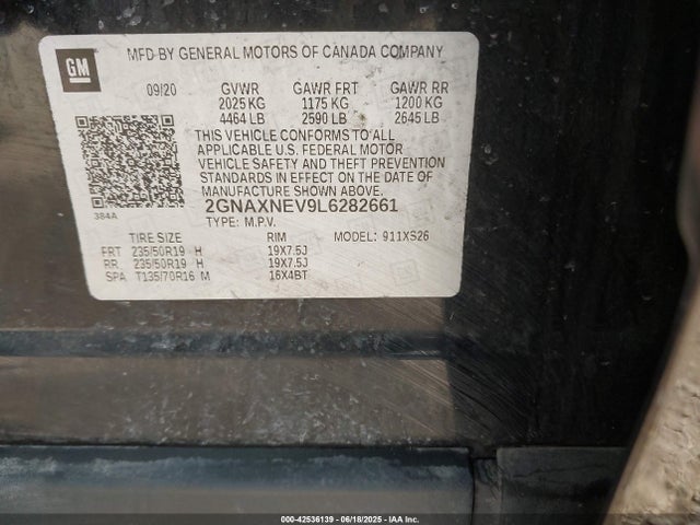 Aukcja sprzedaży 2020 Chevrolet Equinox Fwd Premier 1.5l Turbo, vin: 2GNAXNEV9L6282661, numer aukcji: 42536139