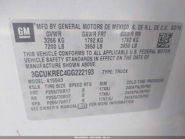 3GCUKREC4GG222193 Chevrolet l83 - sidi, vvt, afm, e85 max, aluminum