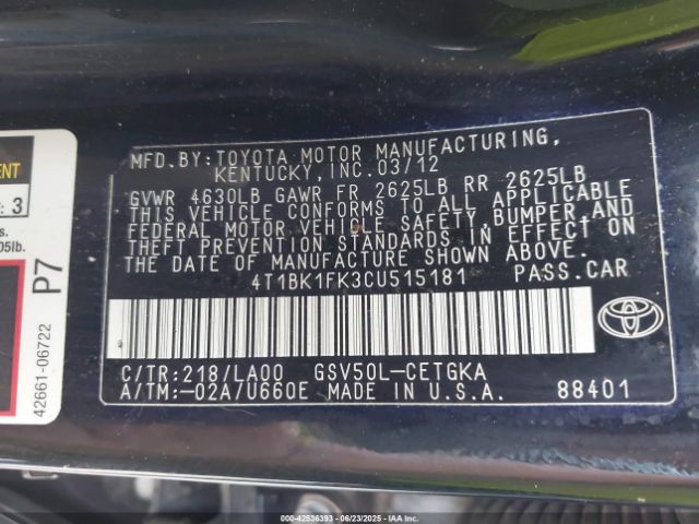 2012 TOYOTA CAMRY 4T1BK1FK3CU515181 Photo 8