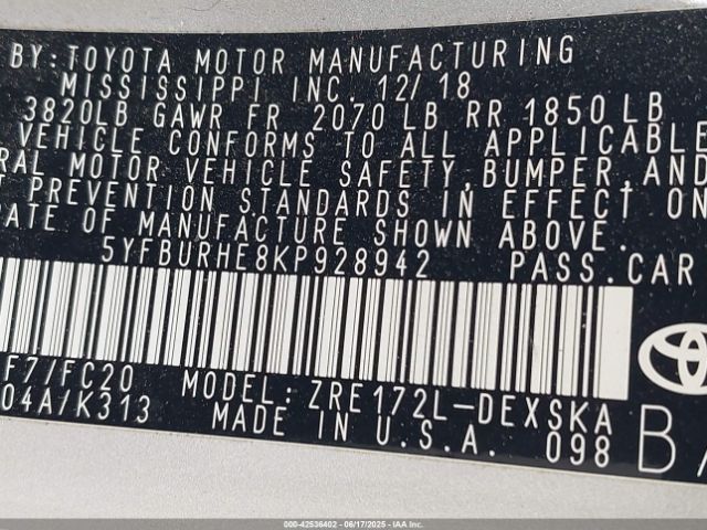 2019 TOYOTA COROLLA 5YFBURHE8KP928942 Photo 8