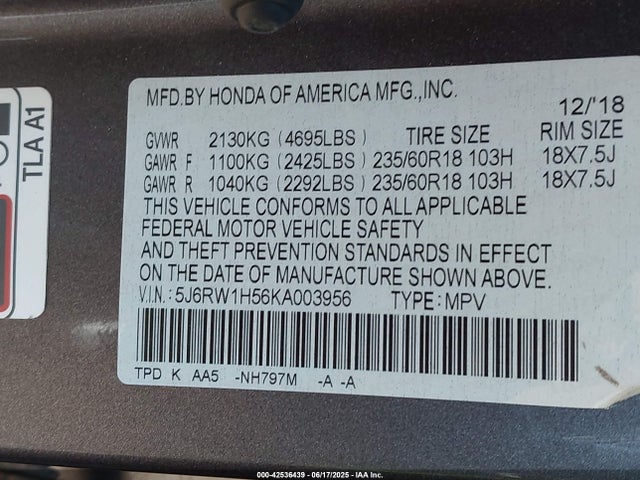 5J6RW1H56KA003956 Honda l15be