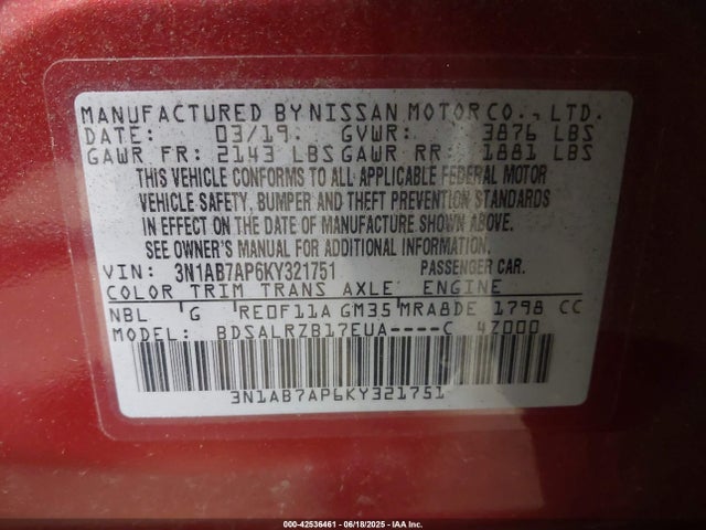 3N1AB7AP6KY321751 Nissan 2019