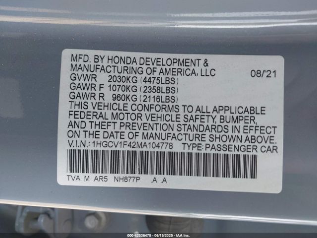 1HGCV1F42MA104778 Honda l15be