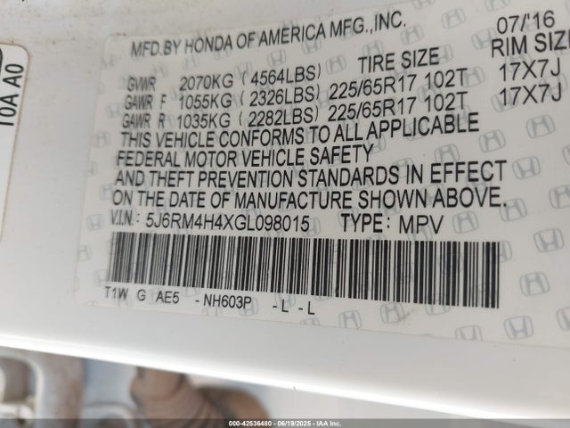 Honda k24w9 2016 5J6RM4H4XGL098015 Image 9