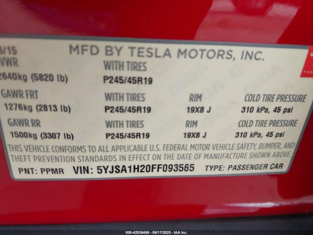 2015 TESLA MODEL S 5YJSA1H20FF093565 Photo 8