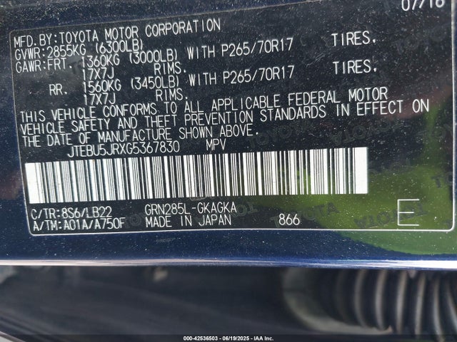 Toyota 1gr-fe 2016 JTEBU5JRXG5367830 Image 9