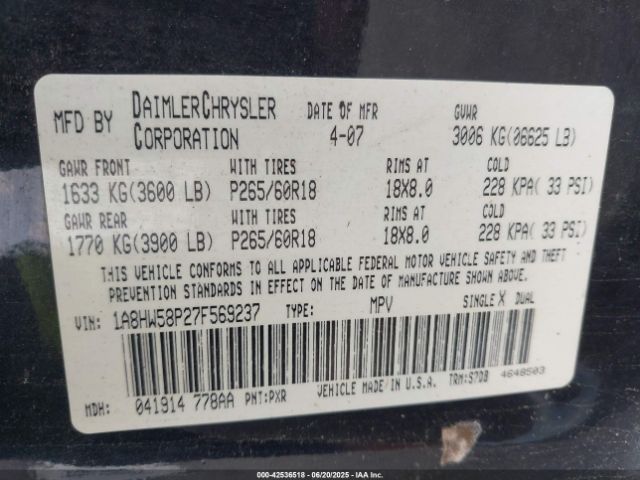 2007 CHRYSLER ASPEN 1A8HW58P27F569237 Photo 8