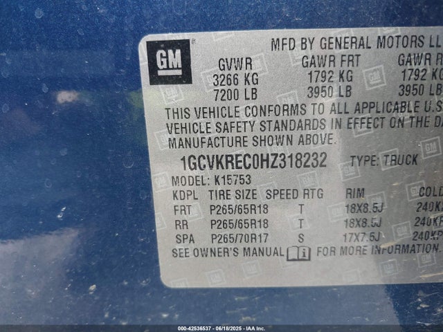 1GCVKREC0HZ318232 Chevrolet l83 - sidi: spark ignited direct injection, vvt: variable valve timing, afm, e85 max, alum