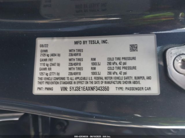 2022 TESLA MODEL 3 5YJ3E1EAXNF343350 Photo 8