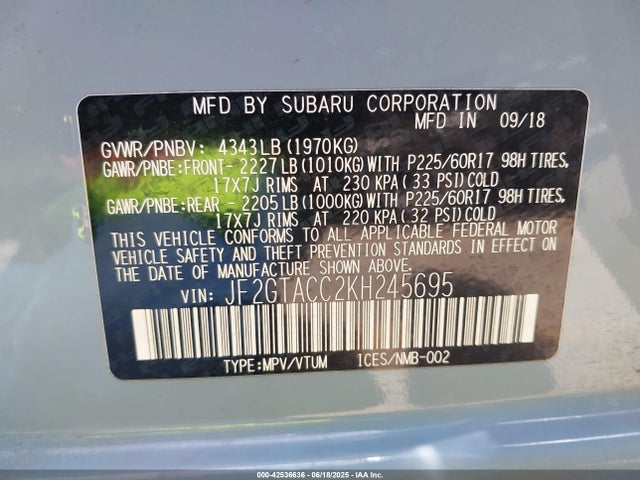Subaru naturally aspirated 2019 JF2GTACC2KH245695 Image 9