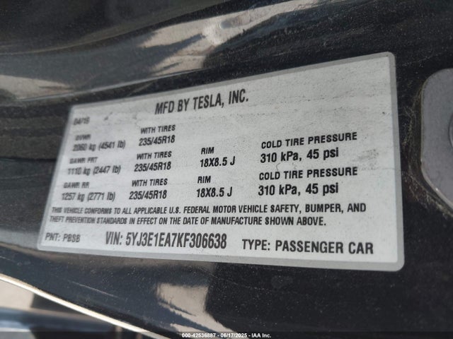2019 TESLA MODEL 3 5YJ3E1EA7KF306638 Photo 8